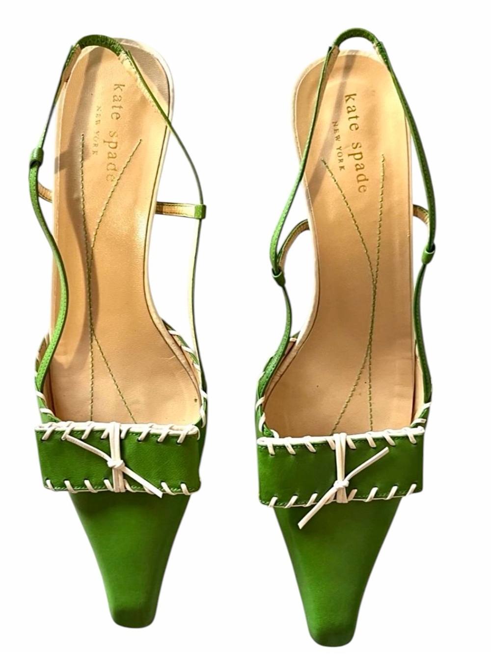 Kate Spade Green Pointed Slingback Heels with White Whipstitch Size 7